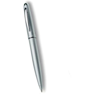 A sleek silver ballpoint pen with a polished finish and a clip for easy attachment. It features a branding logo.