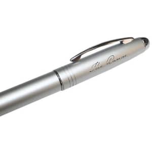 A silver metal ballpoint pen with a sleek design and a clip, featuring a logo on the barrel.
