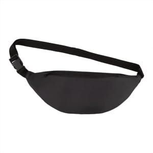 A black bum bag featuring a curved design and an adjustable strap, with a zippered compartment and a logo.