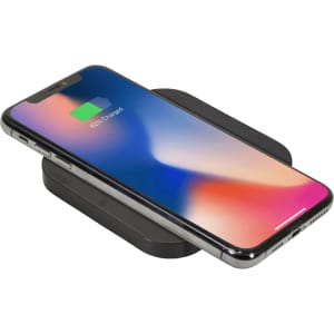 A wireless charging pad in black, featuring a smartphone displaying a charging indicator on its screen.