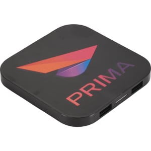 A black wireless charging pad with dual outputs and a logo featuring a colourful design.