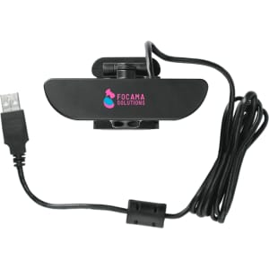A black 1080P HD webcam with a built-in microphone and USB connection, featuring a logo on top.