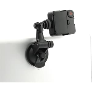 A black portable video light with a suction mount designed for laptops and tablets. It features adjustable joints.