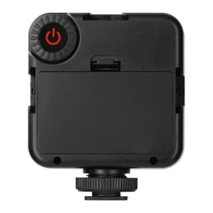 A portable video light in black with a power button and adjustable mount for laptops and tablets.