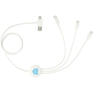 A white 5-in-1 charging cable with multiple connectors and a logo on the centre hub.