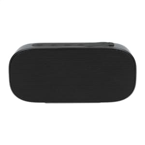 A Bluetooth speaker in black featuring a sleek design and side control buttons. It has a subtle logo on the surface.