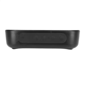 A black Bluetooth speaker featuring control buttons on the side and a sleek, minimalist design.