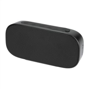 A black Bluetooth speaker with control buttons on top and a mesh grille design on the front.