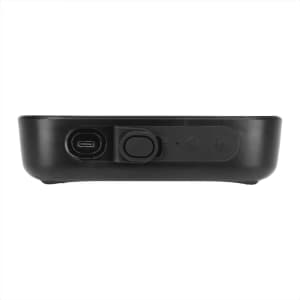 A black Bluetooth speaker with a USB-C port and buttons for power and volume control.