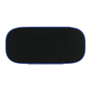 A Bluetooth speaker in blue with a black mesh grille and a sleek, compact design. It features a logo.