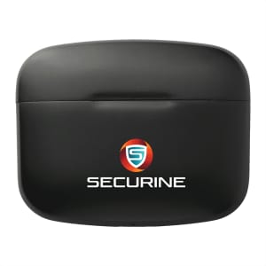 A black earbuds charging case with a logo on the front, designed for True Wireless Auto Pair Earbuds.