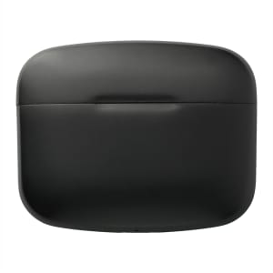 A black charging case for wireless earbuds featuring a sleek design and a logo on the front.