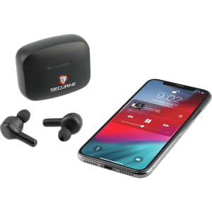 True wireless black earbuds with a charging case, placed next to a smartphone displaying a music player interface.