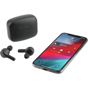 A pair of black true wireless earbuds with a charging case and a smartphone displaying music playback.