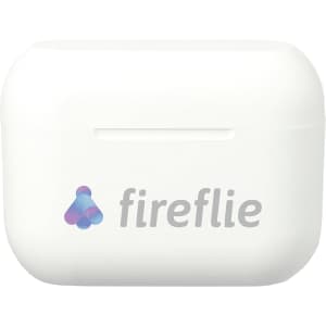 A white charging case with a logo, designed for true wireless earbuds.