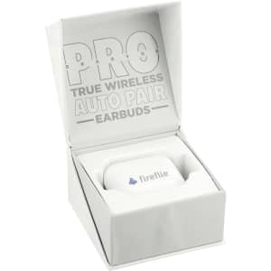 A white box containing Braavos Pro True Wireless Auto Pair Earbuds with a logo and an elegant design.