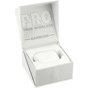 A white box containing Braavos Pro True Wireless Auto Pair Earbuds, with an interior holder for the earbuds.