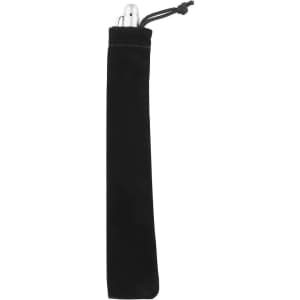 A black velvet drawstring pouch with a silver metal top and a cord closure. It features a logo.