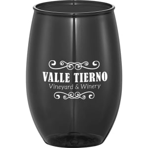 A stemless wine cup in black with a logo, designed for glassware use.