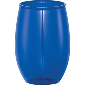A blue stemless wine cup with a glossy finish, featuring a logo on its surface.