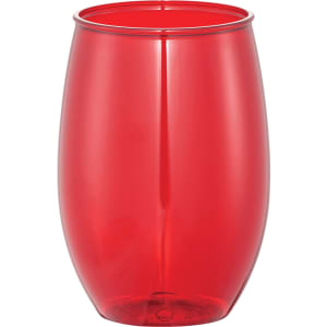 A stemless wine cup in a vibrant red colour with a sleek design and a logo.