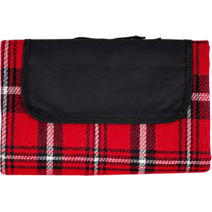 A red and black checkered picnic rug featuring a black flap and an attached carrying handle.