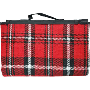 A red and black tartan picnic rug with a black handle. It features a plaid pattern.