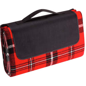 A red and black plaid picnic rug with a black handle for easy carrying. It features a foldable design.