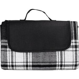 A picnic rug featuring a black and white checkered pattern, neatly folded with a handle for easy transport.