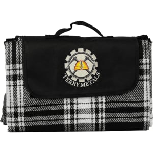 A black and white checkered picnic rug with a logo on the front and a carrying handle.