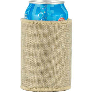 A jute stubby holder in natural beige colour, designed to fit a can, featuring a simple, textured appearance.