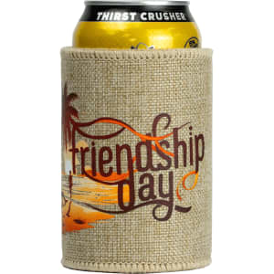 A jute stubby holder in natural colour, featuring a scenic design and a can inside. It has a logo.