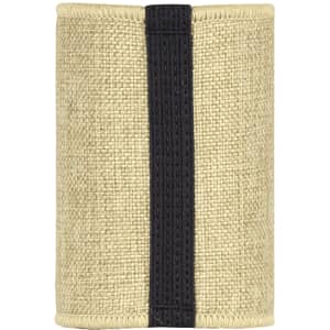 A jute stubby holder in natural beige with a black band, featuring a logo. Ideal for keeping drinks cold.