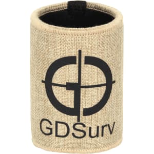 A jute stubby holder in natural beige with a dark logo on the front. Ideal for keeping drinks cool.