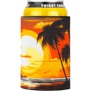 A drink can holder featuring a vibrant sunset design with palm trees in shades of orange and yellow. It has a logo.