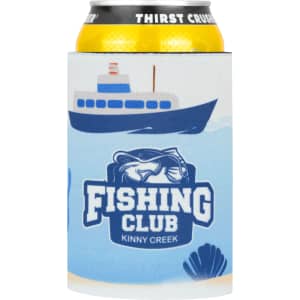 A neoprene stubby holder in blue featuring a fishing theme and a logo, designed for beverage cans.