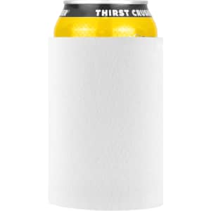 A white neoprene stubby holder encasing a yellow drink can, featuring a logo at the top.