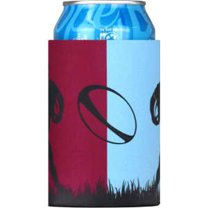 A neoprene stubby holder featuring red and blue sections with a rugby ball design. It encases a beverage can.