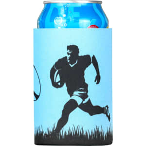 A blue neoprene stubby holder features a silhouette of a rugby player and has a can inside.