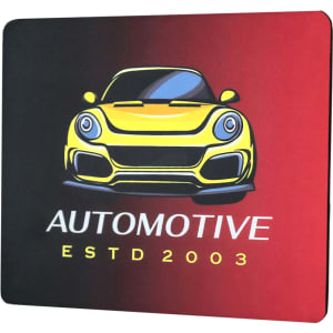 A mouse pad featuring a stylised yellow sports car on a red and black gradient background, with branding.