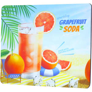 A vibrant mouse pad featuring a refreshing grapefruit soda, with tropical fruits and a beach scene in bright colours.