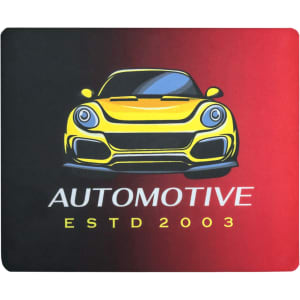 A mouse pad featuring a yellow sports car design against a gradient black and red background, with a logo present.