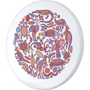 A circular ceramic coaster featuring vibrant, multicoloured Aboriginal-inspired designs of various animals.