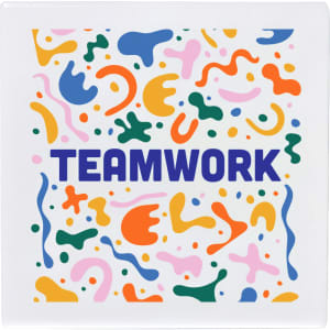 A square ceramic coaster featuring a colourful abstract design and the word "TEAMWORK" in bold, navy blue.