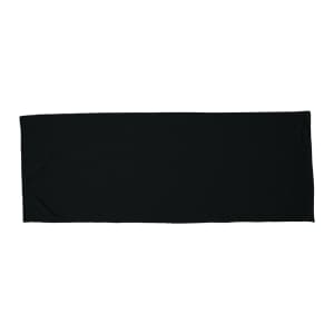 A black fitness towel featuring a logo, ideal for outdoor leisure activities.