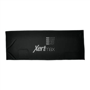 A black fitness towel with a logo and text. Its smooth texture is suitable for cooling activities.