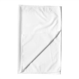 A white fitness towel with a textured surface, featuring an added layer for cooling. It has a logo on one side.