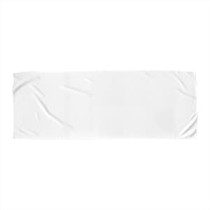 A white cooling towel with a smooth texture, featuring a logo. Suitable for leisure and outdoor activities.