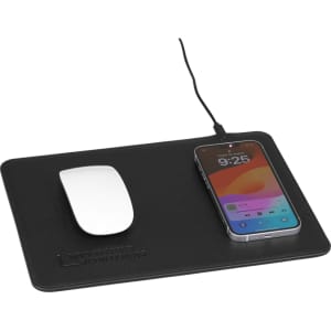 A black wireless charging mouse pad with a white mouse and a smartphone connected via a cable.