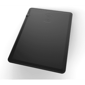 A black wireless charging mouse pad featuring an embedded charging symbol. It has a sleek, rectangular design.